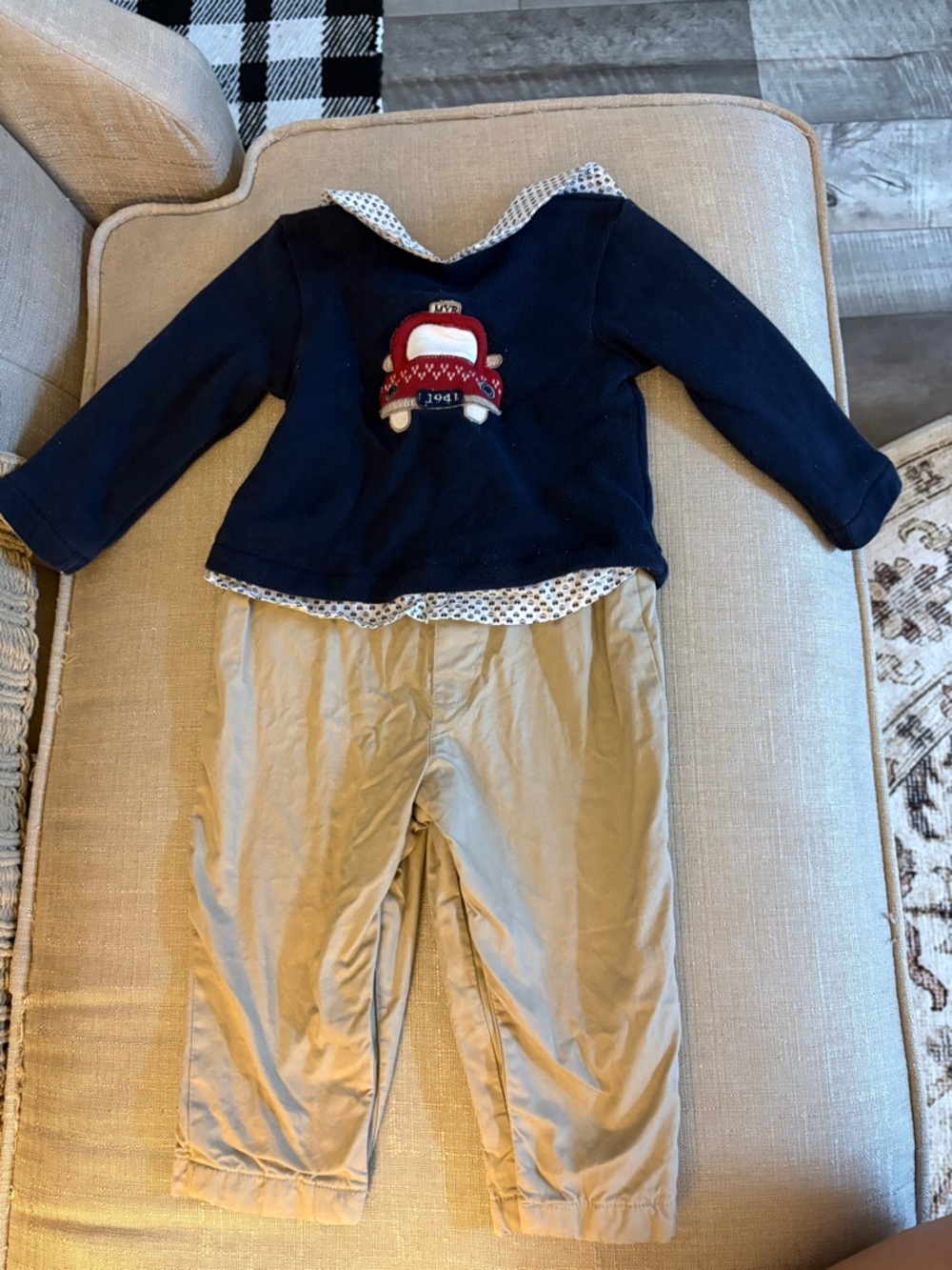 Navy Baby Pullover with Cozy Car Applique and Khaki Pants